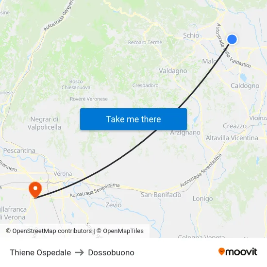 Thiene Ospedale to Dossobuono map