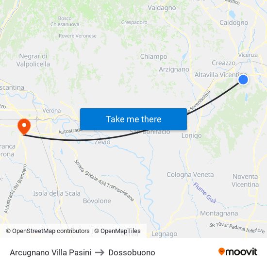 Arcugnano Villa Pasini to Dossobuono map