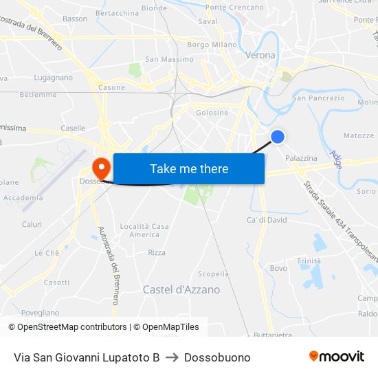 Via San Giovanni Lupatoto B to Dossobuono map