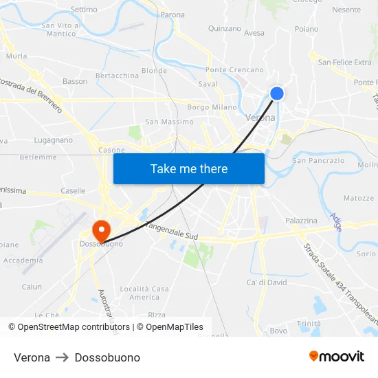 Verona to Dossobuono map