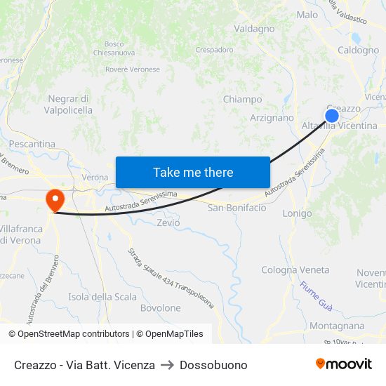 Creazzo - Via Batt. Vicenza to Dossobuono map