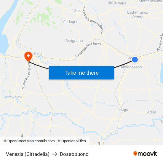 Venezia (Cittadella) to Dossobuono map