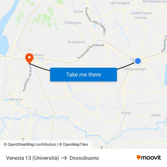 Venezia 13 (Università) to Dossobuono map