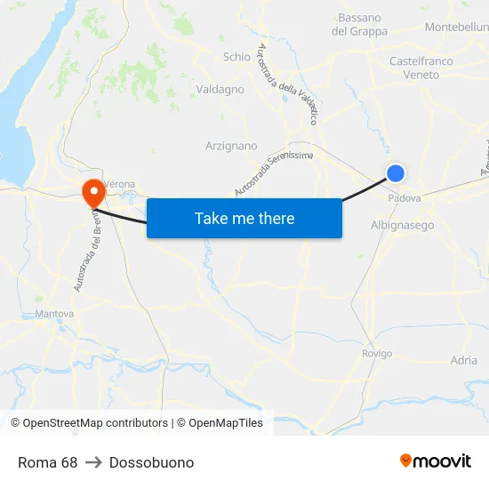 Roma 68 to Dossobuono map