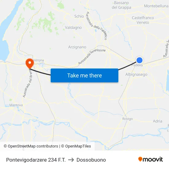 Pontevigodarzere 234 F.T. to Dossobuono map