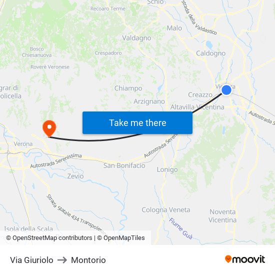 Via Giuriolo to Montorio map