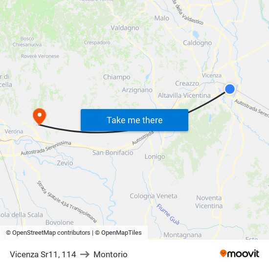 Vicenza Sr11, 114 to Montorio map