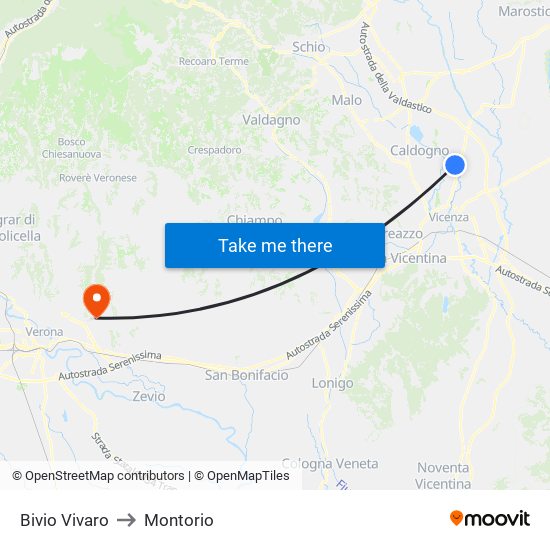 Bivio Vivaro to Montorio map