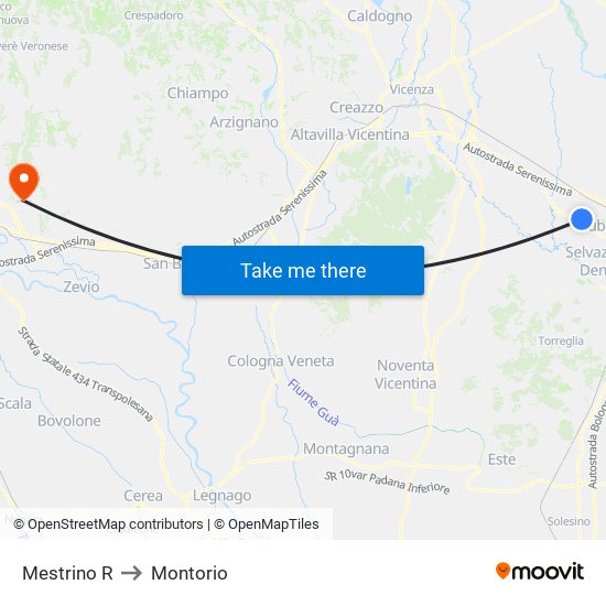 Mestrino R to Montorio map