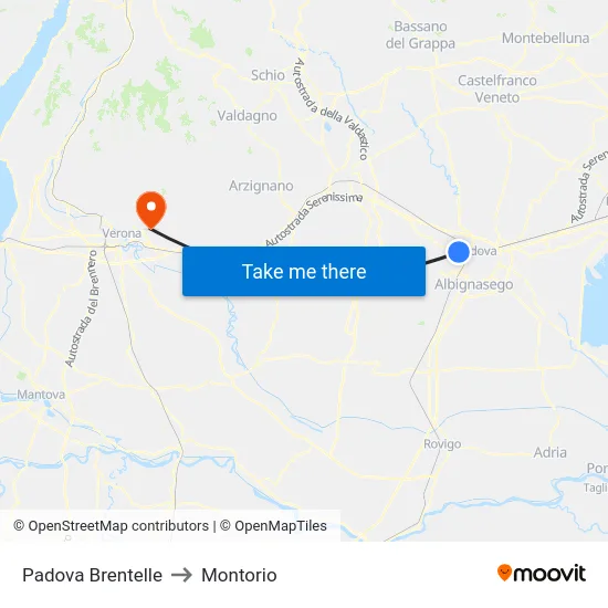 Padova Brentelle to Montorio map