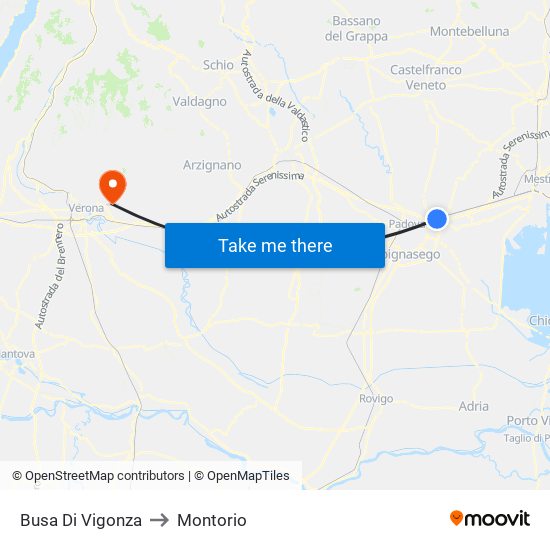 Busa Di Vigonza to Montorio map