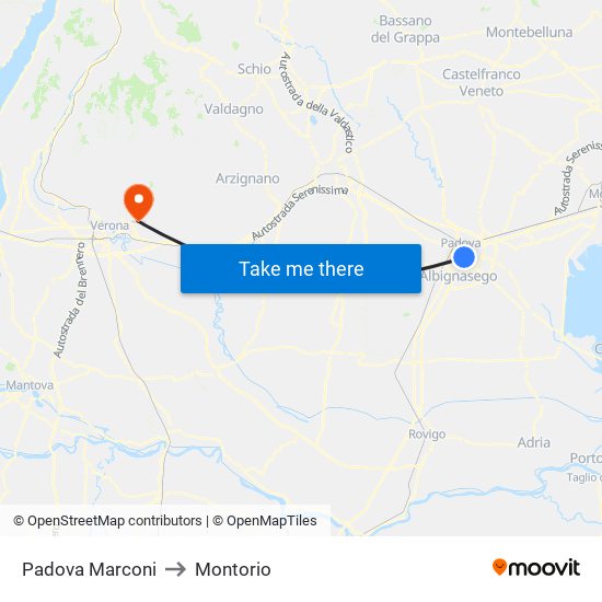 Padova Marconi to Montorio map