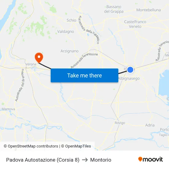 Padua Bus Station (Lane 8) to Montorio map