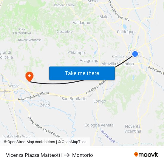 Vicenza Piazza Matteotti to Montorio map