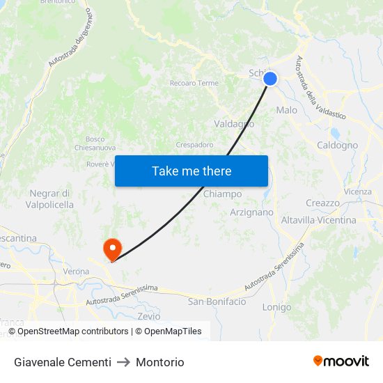 Giavenale Cementi to Montorio map