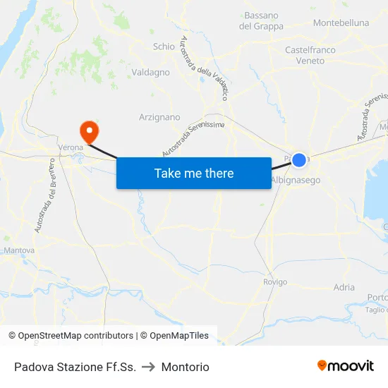 Padua Railway Station to Montorio map