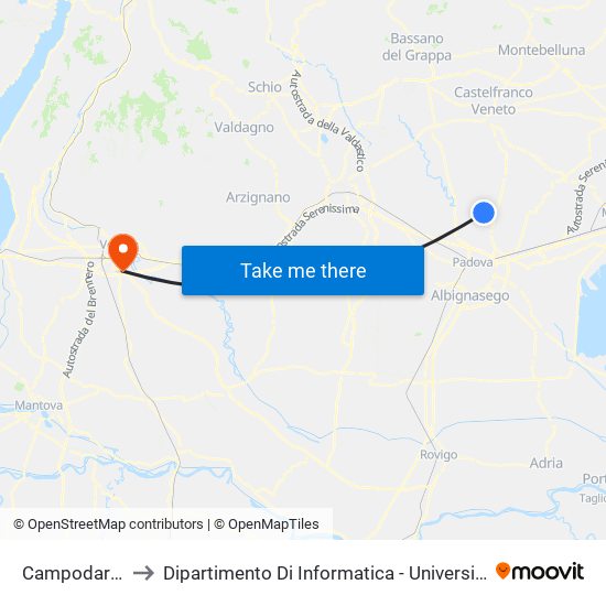 Campodarsego to Dipartimento Di Informatica - Università Di Verona map
