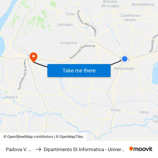 Padova V. Zara R to Dipartimento Di Informatica - Università Di Verona map