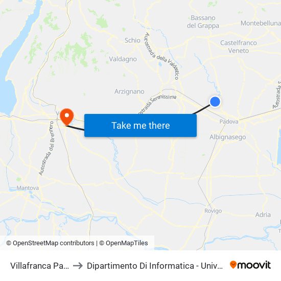 Villafranca Padovana to Dipartimento Di Informatica - Università Di Verona map