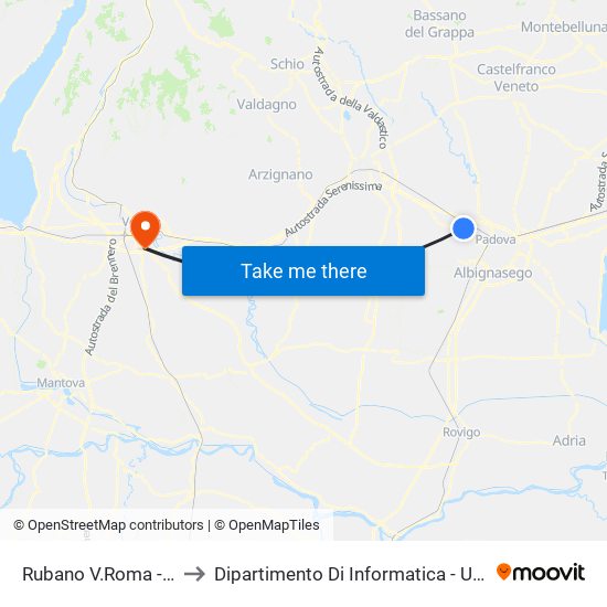 Rubano V.Roma - Villa Dondi to Dipartimento Di Informatica - Università Di Verona map