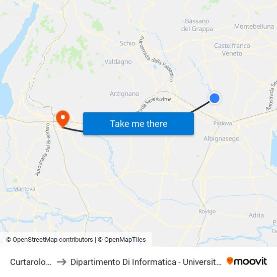 Curtarolo P.Te to Dipartimento Di Informatica - Università Di Verona map