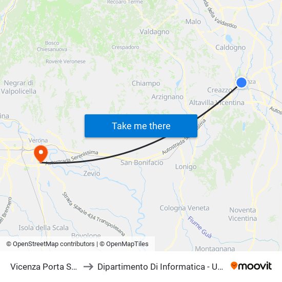 Vicenza Porta Santa Croce to Dipartimento Di Informatica - Università Di Verona map