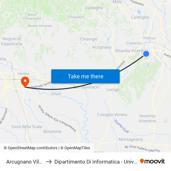 Arcugnano Villa Pasini to Dipartimento Di Informatica - Università Di Verona map