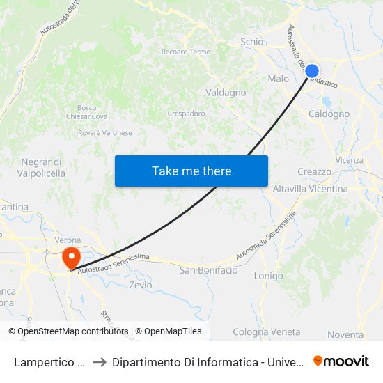 Lampertico Centro to Dipartimento Di Informatica - Università Di Verona map