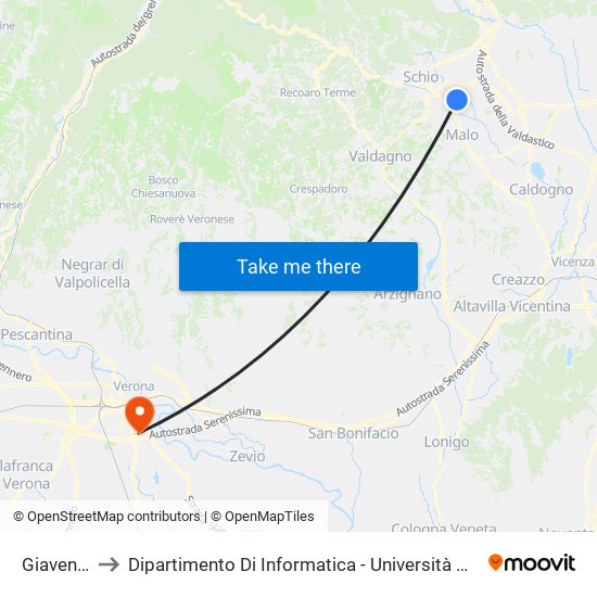 Giavenale to Dipartimento Di Informatica - Università Di Verona map