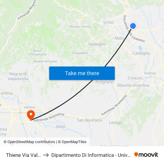 Thiene Via Valdastico to Dipartimento Di Informatica - Università Di Verona map