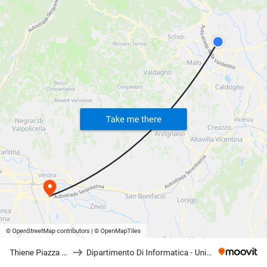 Thiene Piazza Rovereto to Dipartimento Di Informatica - Università Di Verona map