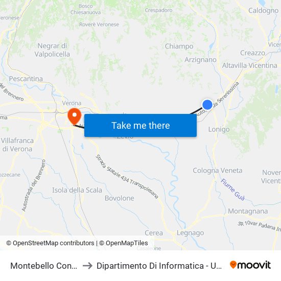 Montebello Contra' Mason to Dipartimento Di Informatica - Università Di Verona map