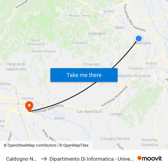 Caldogno Nord Est to Dipartimento Di Informatica - Università Di Verona map