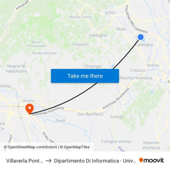 Villaverla Ponte Rosso to Dipartimento Di Informatica - Università Di Verona map