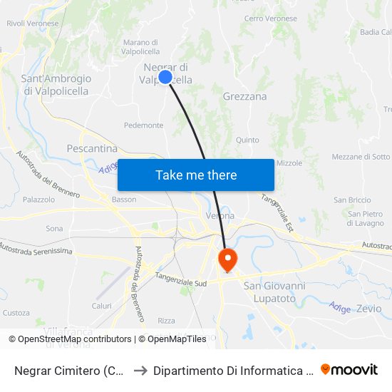 Negrar Cimitero (Cap. Linee 21-93) to Dipartimento Di Informatica - Università Di Verona map