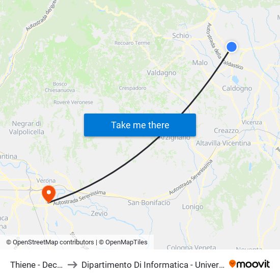 Thiene - Decathlon to Dipartimento Di Informatica - Università Di Verona map