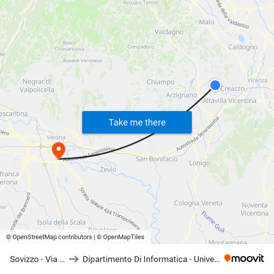 Sovizzo - Via Longhi to Dipartimento Di Informatica - Università Di Verona map