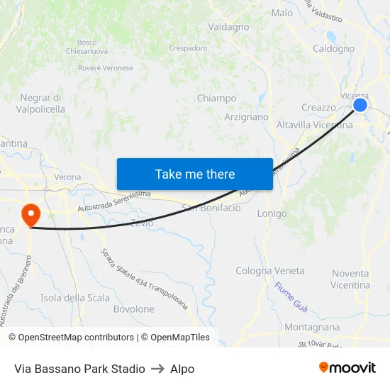 Via Bassano Stadium Park to Alpo map