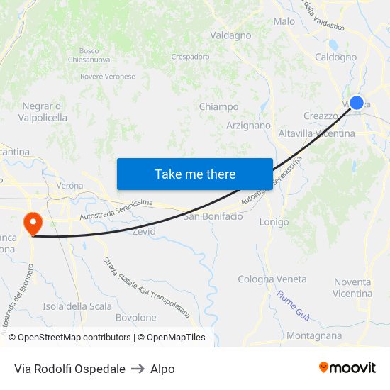 Via Rodolfi Ospedale to Alpo map