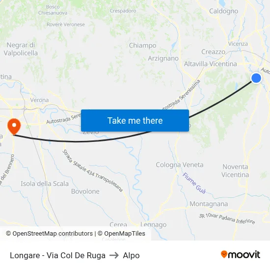 Longare - Col De Ruga Street to Alpo map