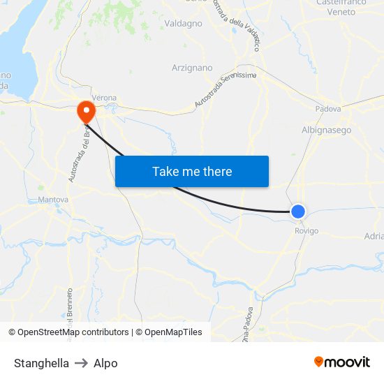 Stanghella to Alpo map