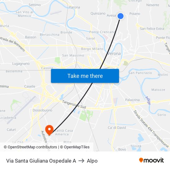 Via Santa Giuliana Ospedale A to Alpo map