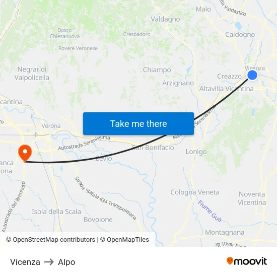 Vicenza to Alpo map