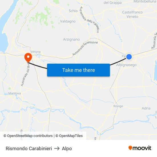 Rismondo Carabinieri to Alpo map