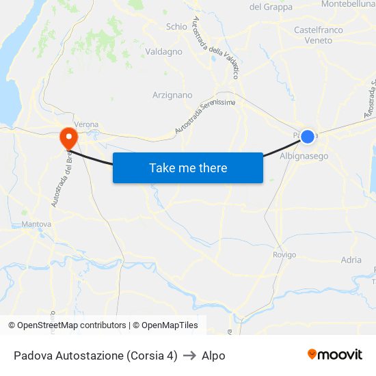 Padova Autostazione (Corsia 4) to Alpo map
