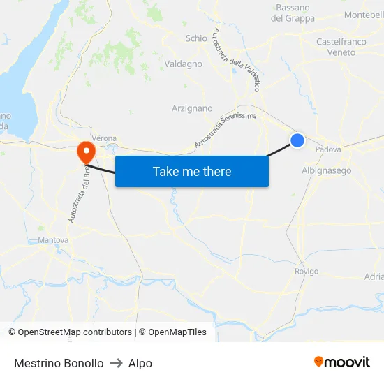 Mestrino Bonollo to Alpo map