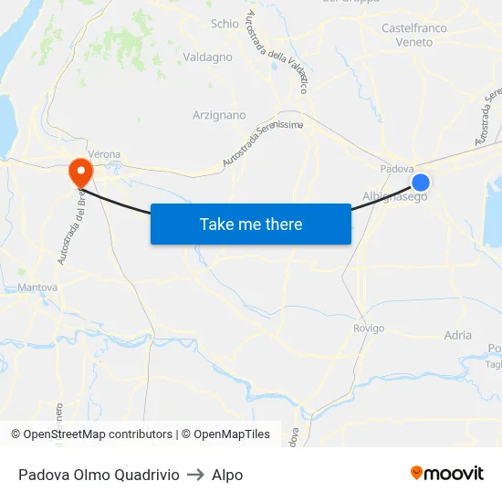 Padova Olmo Quadrivio to Alpo map