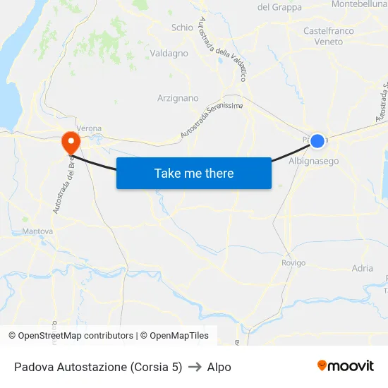 Padua Bus Station (Lane 5) to Alpo map