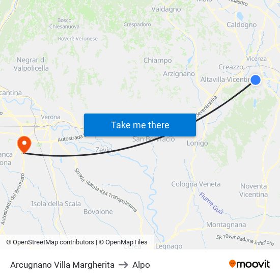 Arcugnano Villa Margherita to Alpo map