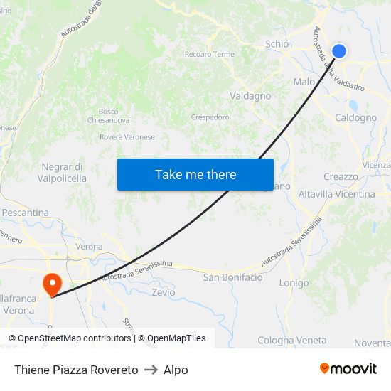 Thiene Piazza Rovereto to Alpo map